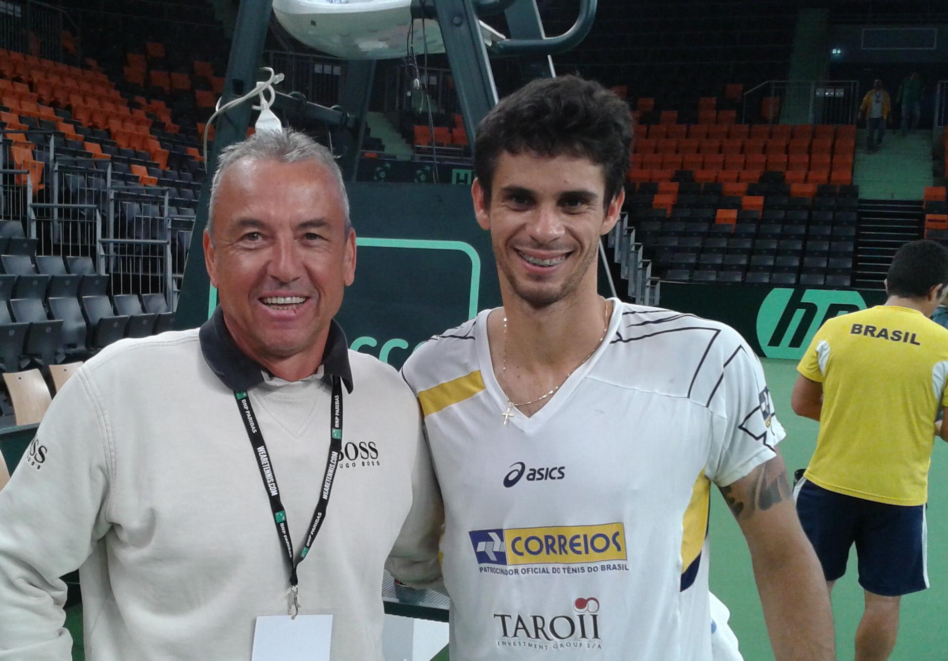 Hubert Hepp mit Rogerio Dutra Silva beim Training Davis Cup 2013